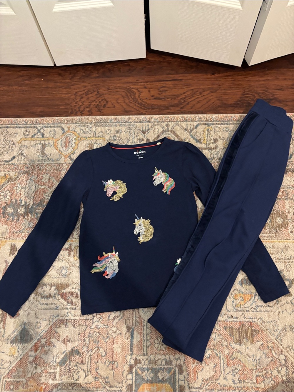 Mini Boden Navy Unicorn Embroidered Kids Matching Set